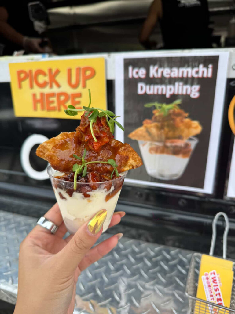 Spicy kimchi dumpling topped with vanilla ice cream at Canadian National Exhibition 2025