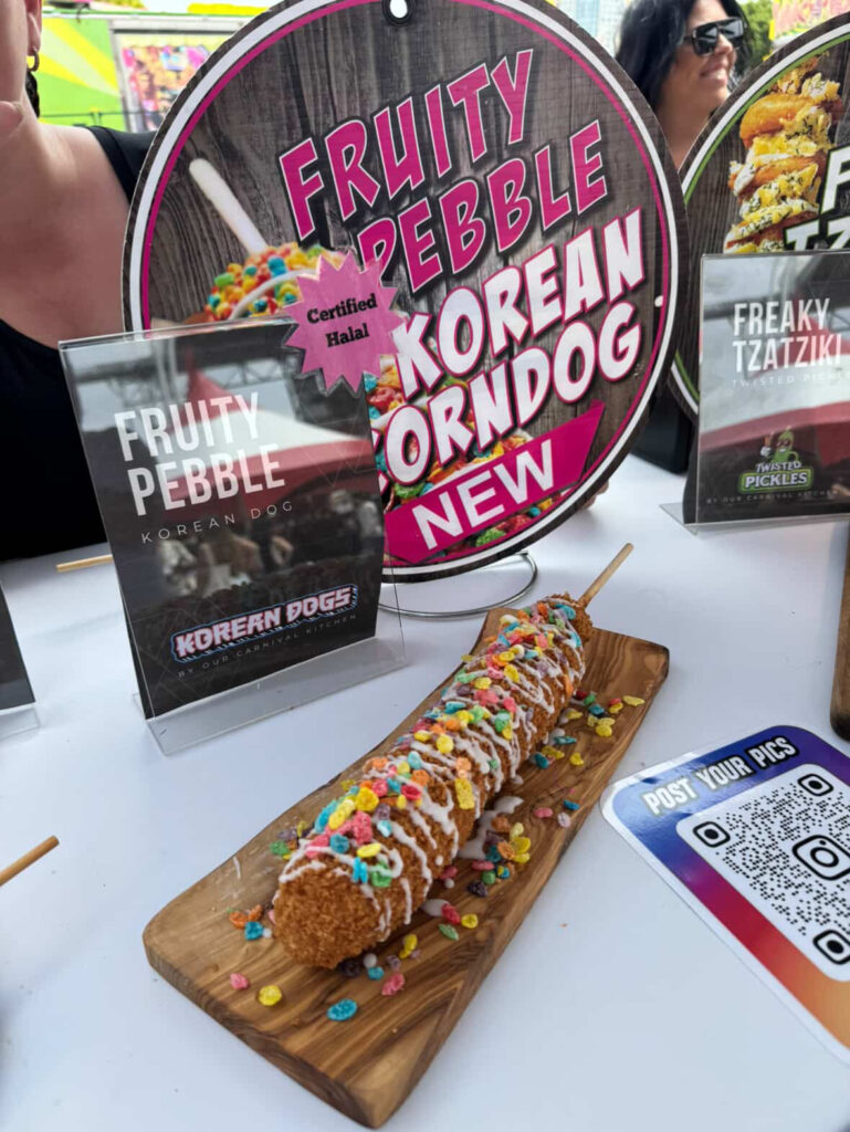 Fruity Pebble coated Korean corn dog filled with mozzarella cheese at CNE 2025